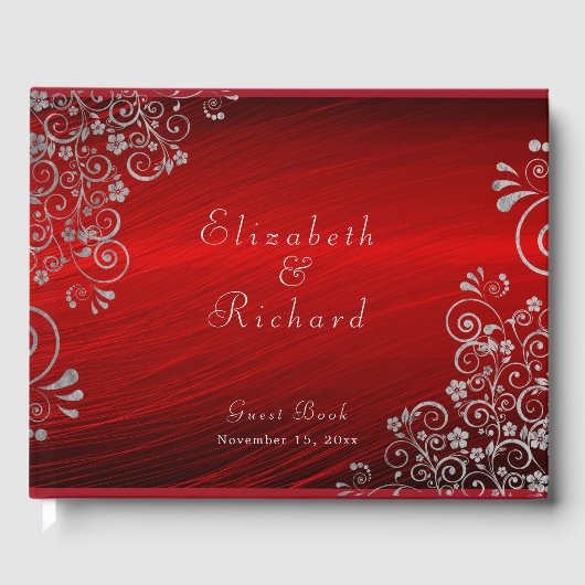 Elegant Wedding Ruby Red Silver Grey Swirls Script Gastenboek (Voorkant)