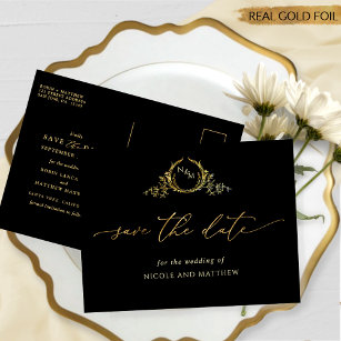 Elegant Wedding Save the Date Black and Real Gold Folie Uitnodiging Briefkaart