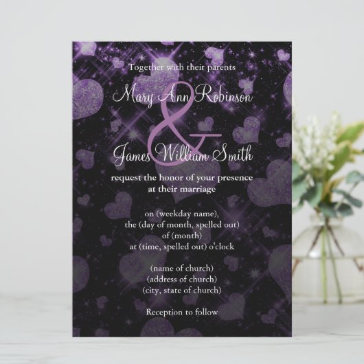 Elegant Wedding Save the Date Glitter Heart Paars Kaart