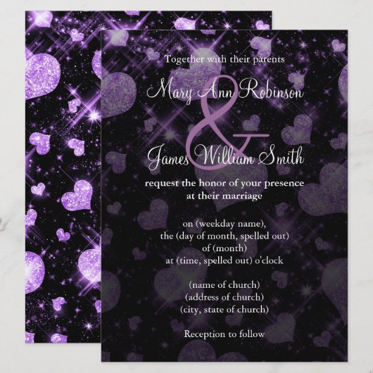Elegant Wedding Save the Date Glitter Heart Paars Kaart