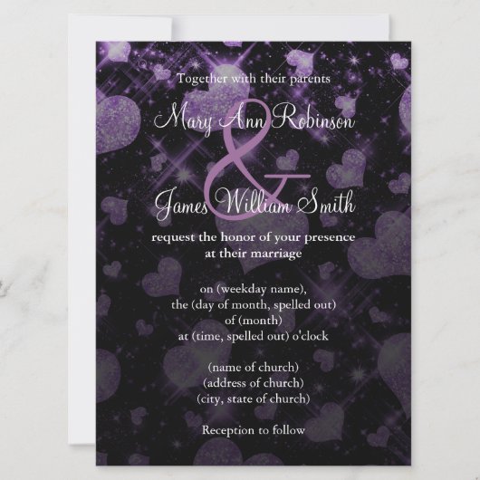 Elegant Wedding Save the Date Glitter Heart Paars Kaart (Voorkant)
