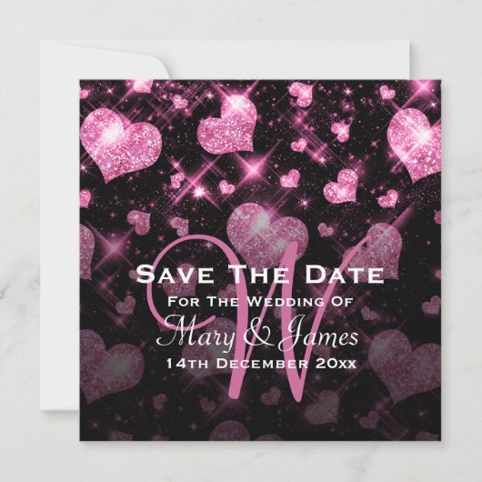 Elegant Wedding Save the Date Glitter Heart Pink (Voorkant)