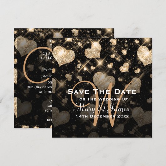 Elegant Wedding Save the Date Glitter Hearts Gold (Voorkant / Achterkant)