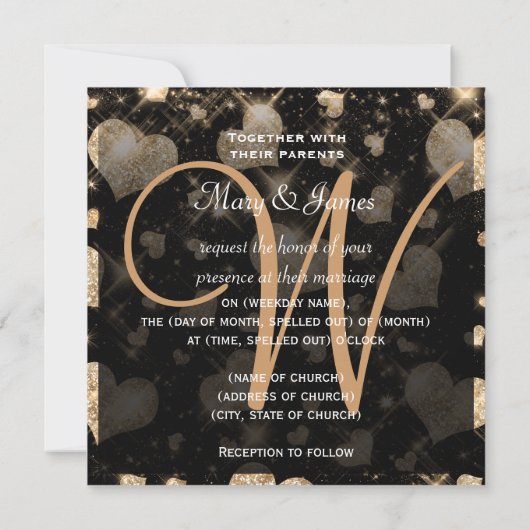 Elegant Wedding Save the Date Glitter Hearts Gold (Achterkant)