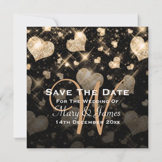 Elegant Wedding Save the Date Glitter Hearts Gold (Voorkant)
