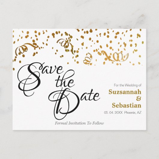 Elegant Wedding Save the Date Gold Confetti Briefkaart (Voorkant)