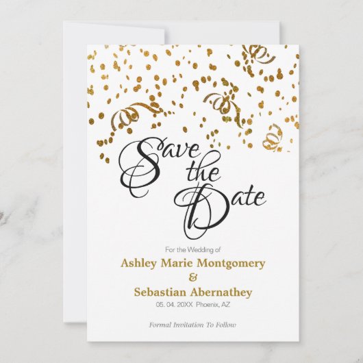 Elegant Wedding Save the Date Gold Confetti Kaart (Voorkant)