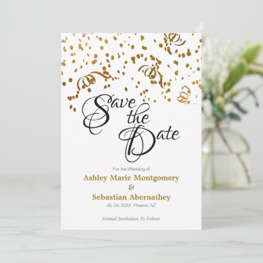 Elegant Wedding Save the Date Gold Confetti Kaart (Staand voorkant)
