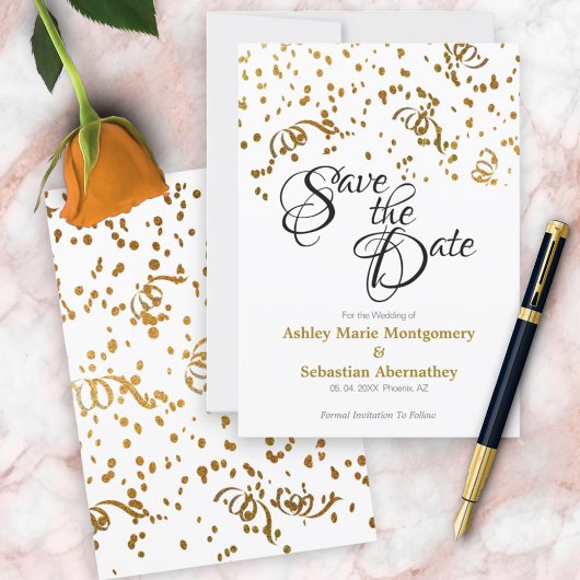 Elegant Wedding Save the Date Gold Confetti Kaart