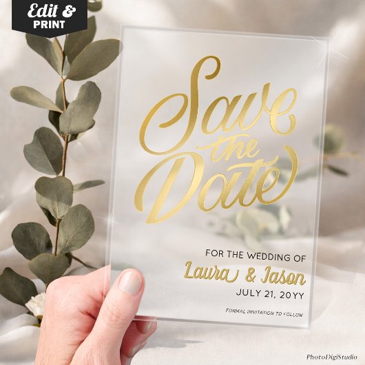Elegant Wedding Save the Date Gold Text Frosted  Acryl Uitnodigingen