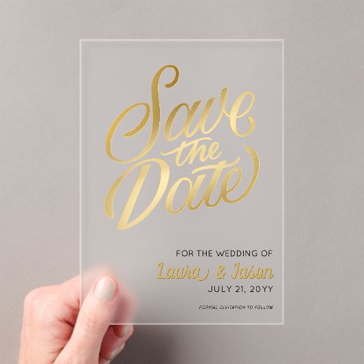 Elegant Wedding Save the Date Gold Text Frosted Acryl Uitnodigingen (Insitu (Draagbaar))