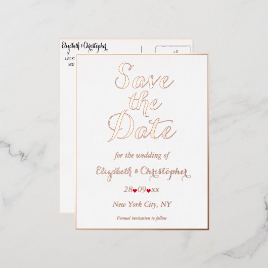 Elegant Wedding Save the Date White Rose Gold Folie Uitnodiging Briefkaart (Voorkant / Achterkant)