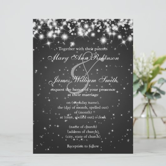 Elegant Wedding Save the Date Winter Sparkle Black (Staand voorkant)