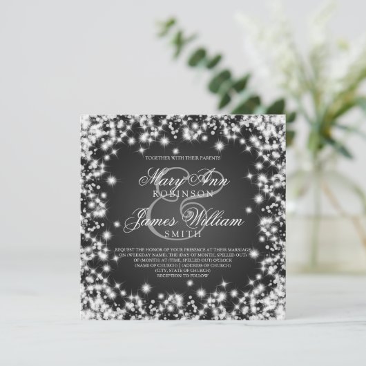 Elegant Wedding Save the Date Winter Sparkle Black (Staand voorkant)