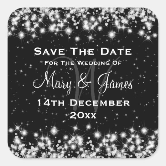 Elegant Wedding Save the Date Winter Sparkle Black Vierkante Sticker (Voorkant)