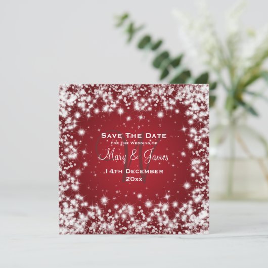 Elegant Wedding Save the Date Winter Sparkle Red (Staand voorkant)