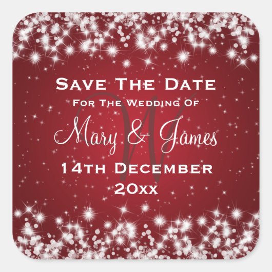 Elegant Wedding Save the Date Winter Sparkle Red Vierkante Sticker (Voorkant)