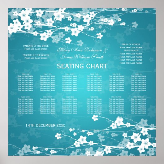 Elegant Wedding Seating Chart Cherry Blossom Blue Poster (Voorkant)