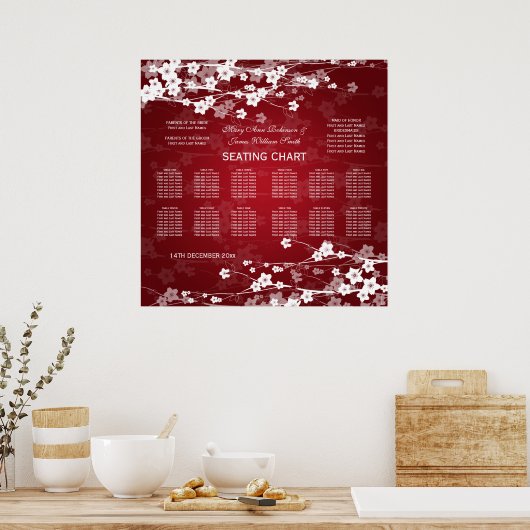 Elegant Wedding Seating Chart Cherry Blossom Red Poster (Keuken)