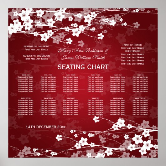 Elegant Wedding Seating Chart Cherry Blossom Red Poster (Voorkant)