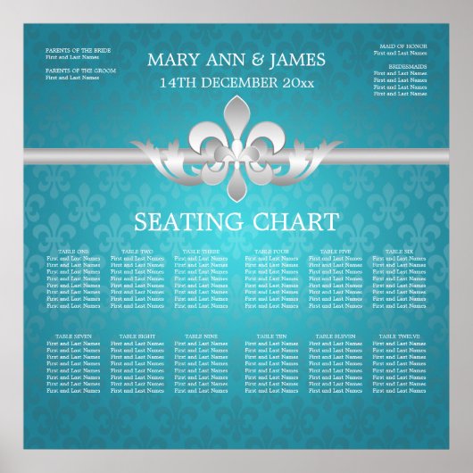 Elegant Wedding Seating Chart Fleur De Lis Blue Poster (Voorkant)