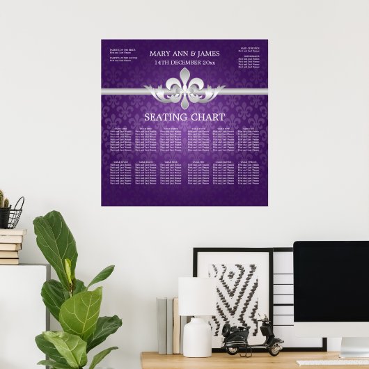 Elegant Wedding Seating Chart Fleur De Lis Paars Poster (Thuiskantoor)