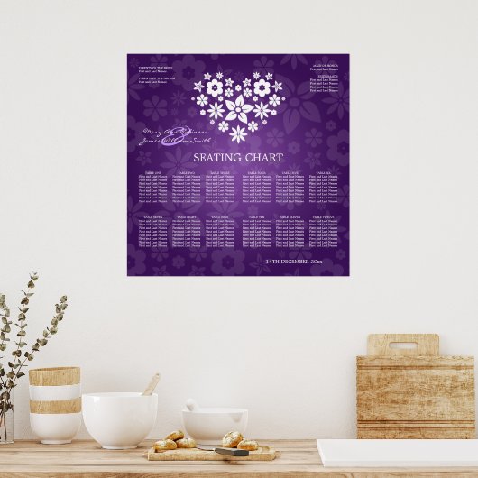 Elegant Wedding Seating Chart Flowery Heart Paars Poster (Keuken)