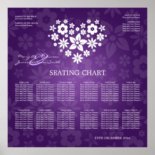 Elegant Wedding Seating Chart Flowery Heart Paars Poster (Voorkant)