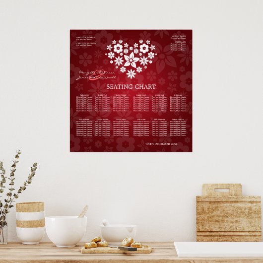 Elegant Wedding Seating Chart Flowery Heart Red Poster (Keuken)