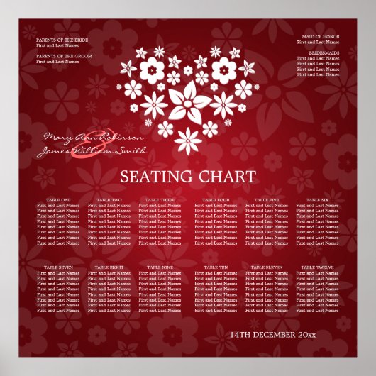 Elegant Wedding Seating Chart Flowery Heart Red Poster (Voorkant)