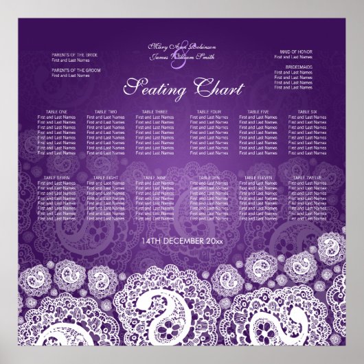 Elegant Wedding Seating Chart Paisley Lace Paars Poster (Voorkant)