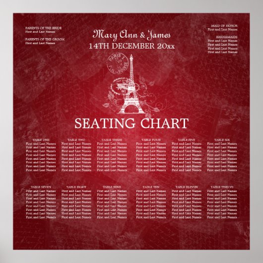 Elegant Wedding Seating Chart Paris Red Poster (Voorkant)