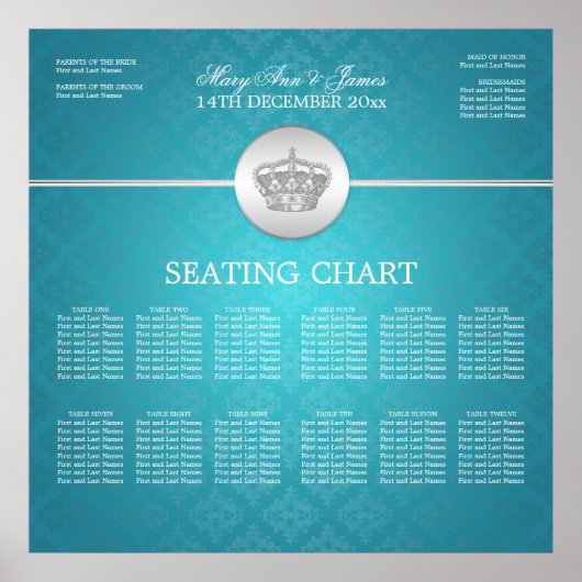 Elegant Wedding Seating Chart Royal Crown Blue Poster (Voorkant)