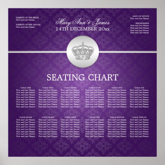 Elegant Wedding Seating Chart Royal Crown Paars Poster (Voorkant)