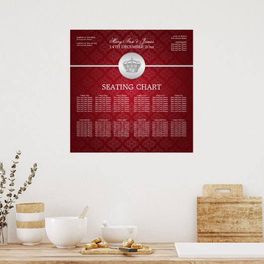 Elegant Wedding Seating Chart Royal Crown Red Poster (Keuken)