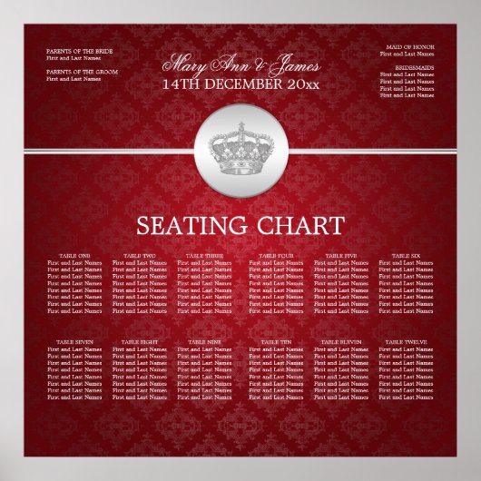 Elegant Wedding Seating Chart Royal Crown Red Poster (Voorkant)
