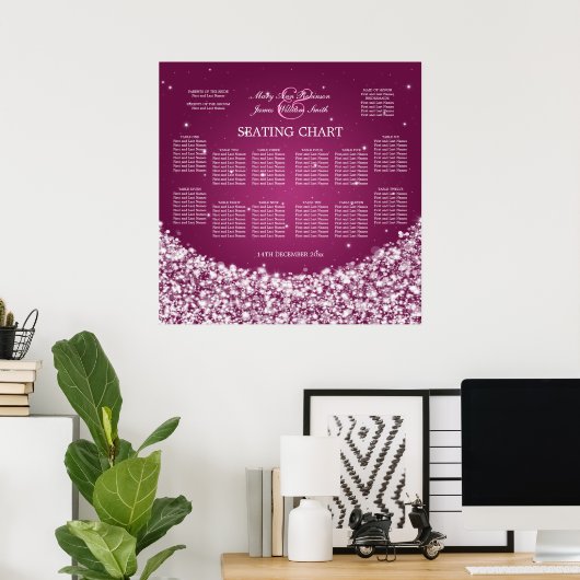 Elegant Wedding Seating Chart Star Sparkle Berry Poster (Thuiskantoor)