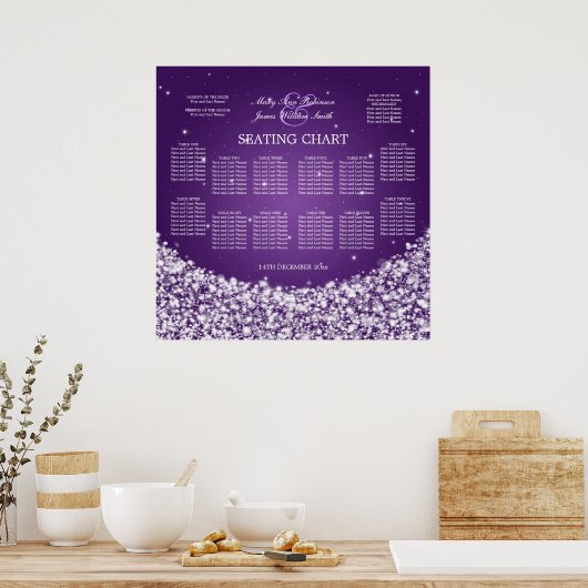 Elegant Wedding Seating Chart Star Sparkle Paars Poster (Keuken)