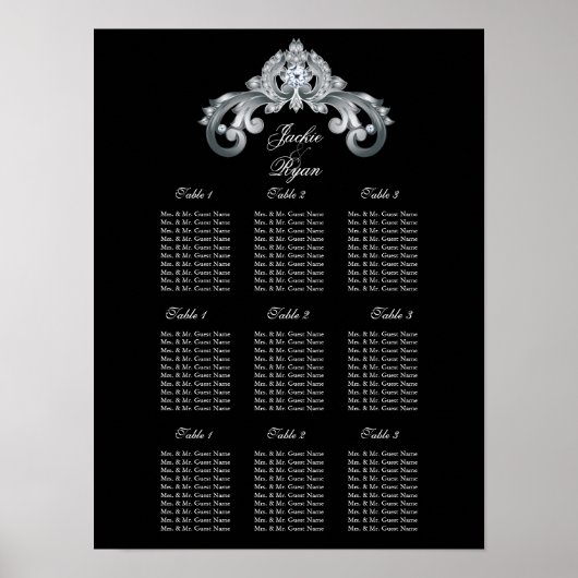 Elegant Wedding Seating Plan Chart Black Silver Poster (Voorkant)