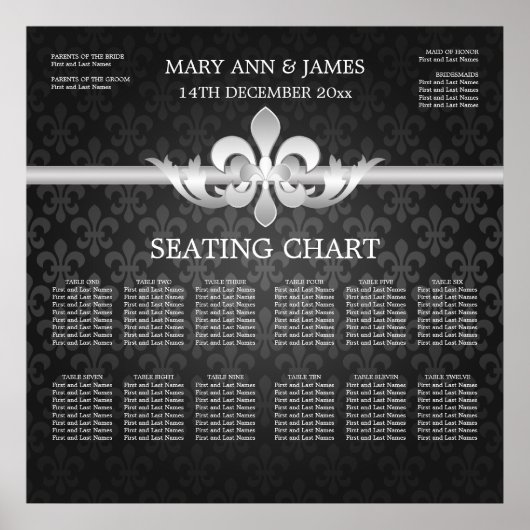 Elegant Wedding Seding Chart Fleur De Lis Black Poster (Voorkant)
