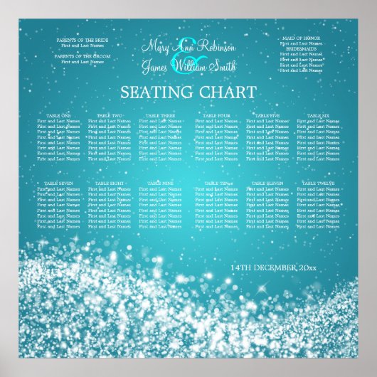 Elegant Wedding Seding Chart Sparging Wave Blue Poster (Voorkant)