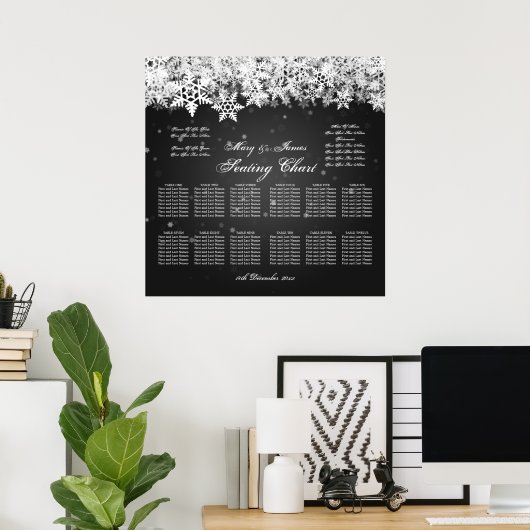 Elegant Wedding Seding Chart Winter Snow Black Poster (Thuiskantoor)