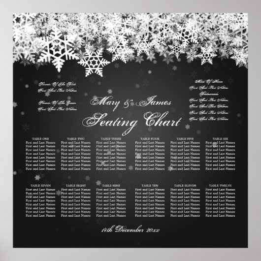 Elegant Wedding Seding Chart Winter Snow Black Poster (Voorkant)