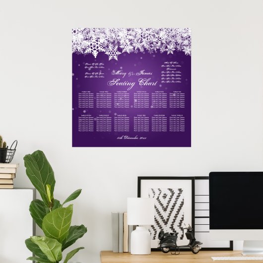 Elegant Wedding Seding Chart Winter Snow Paars Poster (Thuiskantoor)