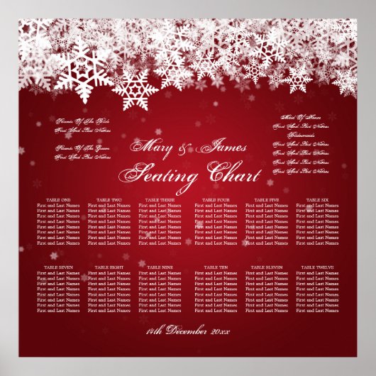 Elegant Wedding Seding Chart Winter Snow Red Poster (Voorkant)