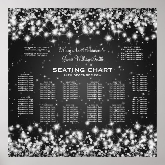 Elegant Wedding Seding Chart Winter Sparkle Black Poster (Voorkant)