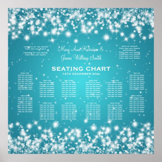 Elegant Wedding Seding Chart Winter Sparkle Blue Poster (Voorkant)