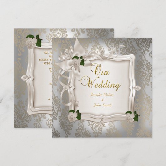 Elegant Wedding Sepia White Roses Silver Kaart (Voorkant / Achterkant)