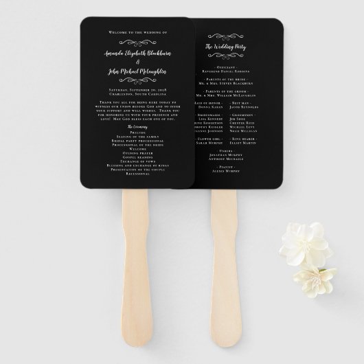Elegant Wedding Service Ceremony Program Black Handwaaier (Voorkant en achterkant)