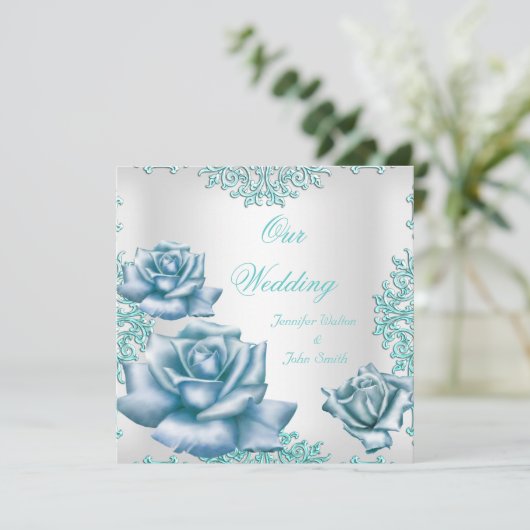 Elegant Wedding sets Blauwgroen blauwe Rozen Kaart (Staand voorkant)
